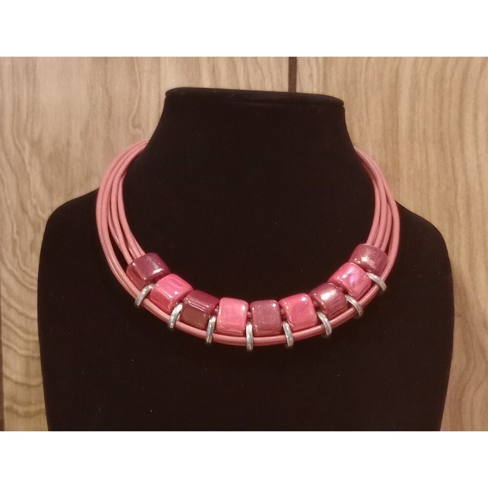 By Dziubeka Red Porcelain Beaded Silver Tone 20" 7 Strand Leather Cord Necklace